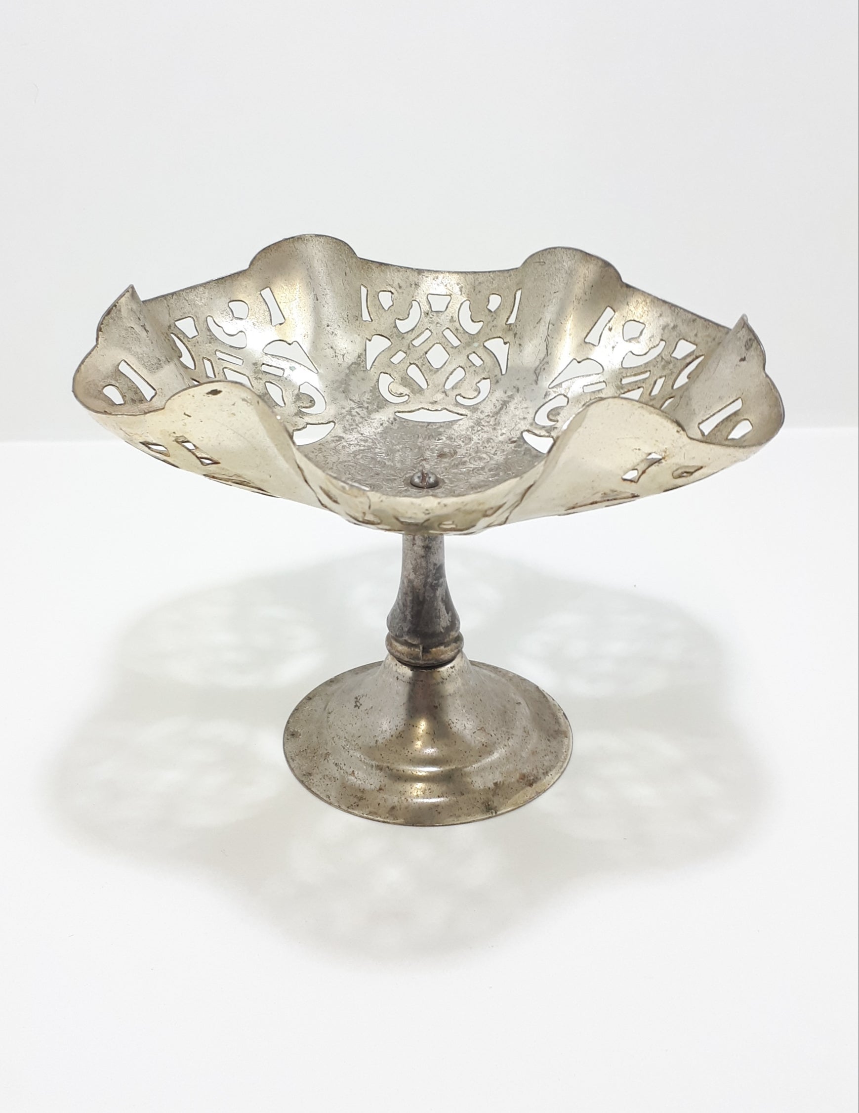 Vintage Silver Plated Tazza With Gothic Style Pierced Metal & Etched Patterning