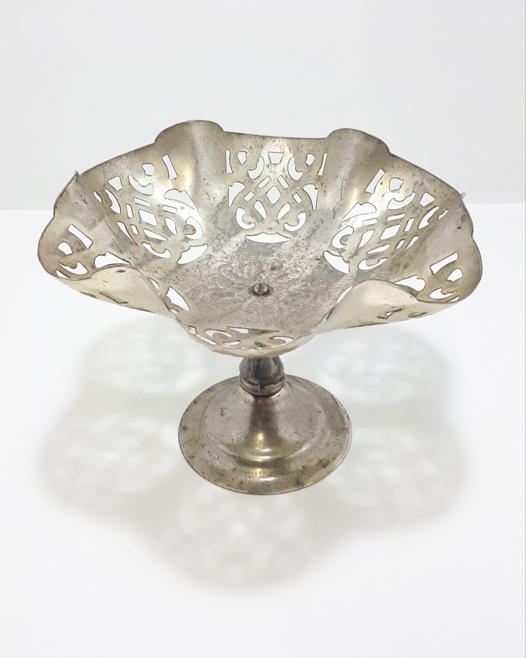 Vintage Silver Plated Tazza With Gothic Style Pierced Metal & Etched Patterning