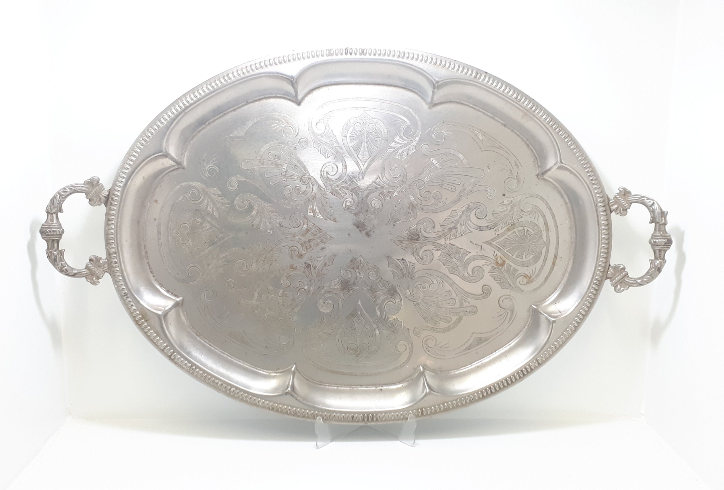 Very Large Oval Shaped Silver Plated Serving Tray With Ornate Handles