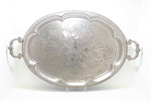 Very Large Oval Shaped Silver Plated Serving Tray With Ornate Handles