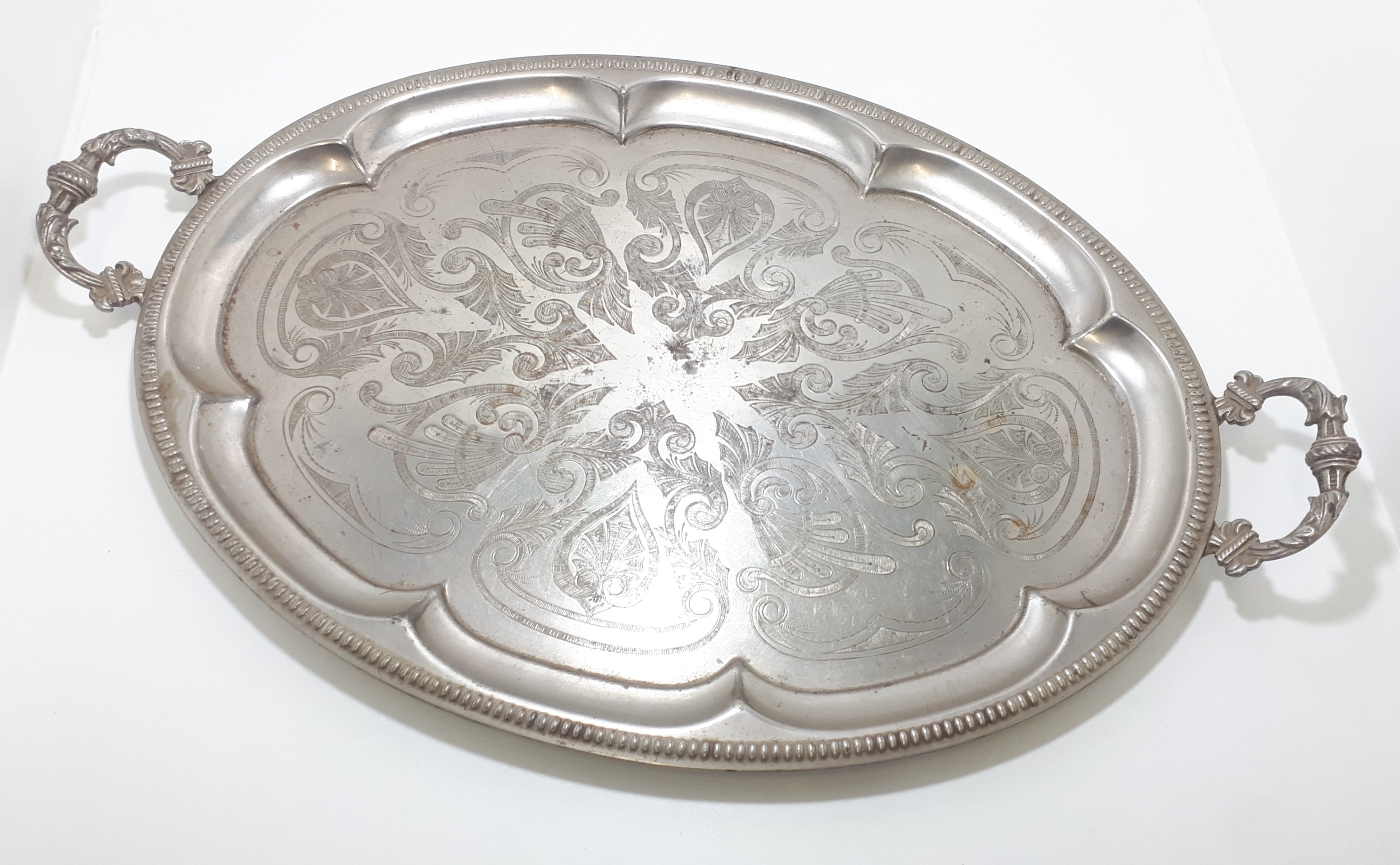 Very Large Oval Shaped Silver Plated Serving Tray With Ornate Handles