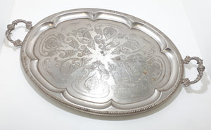 Very Large Oval Shaped Silver Plated Serving Tray With Ornate Handles