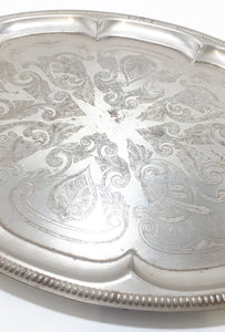 Very Large Oval Shaped Silver Plated Serving Tray With Ornate Handles