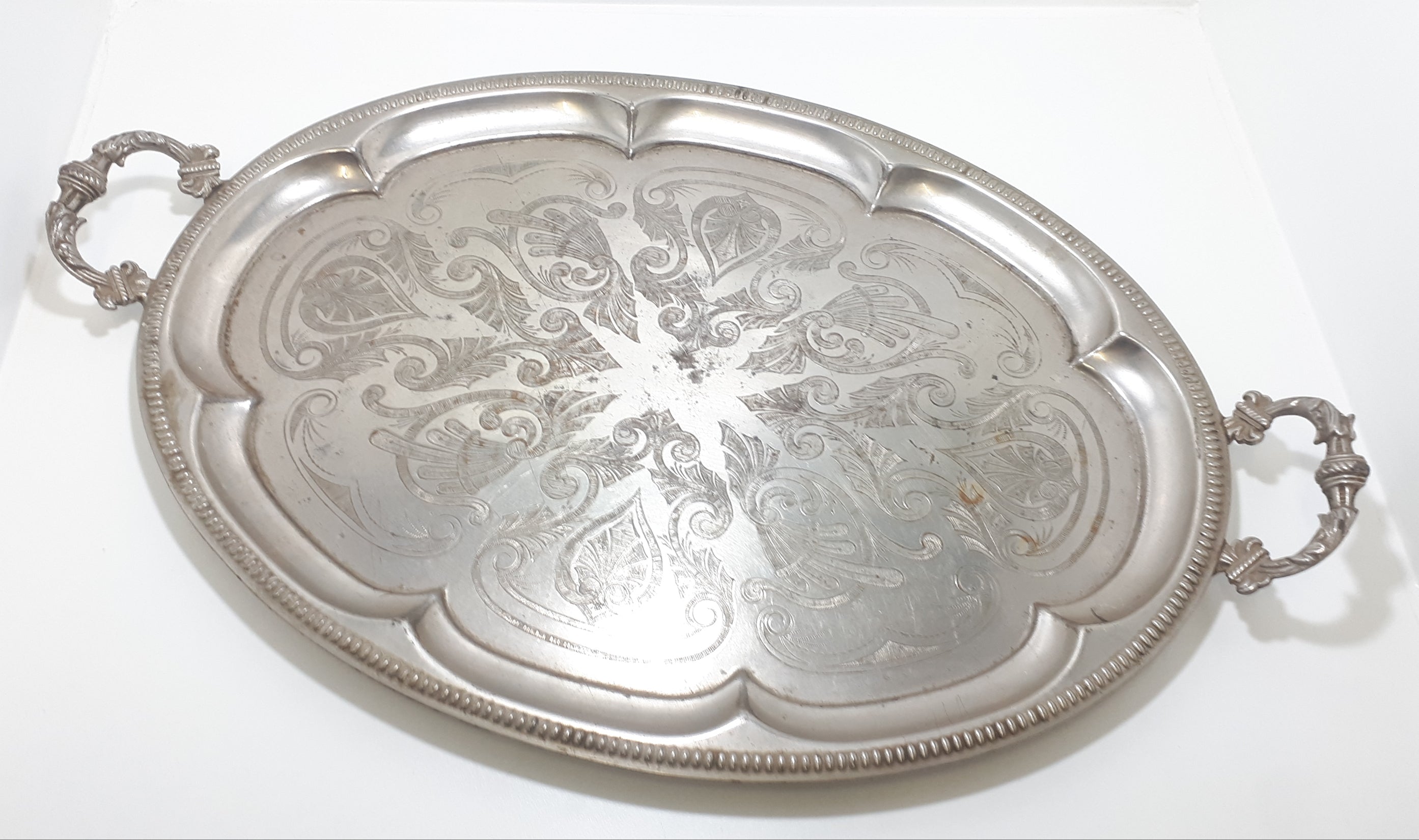 Very Large Oval Shaped Silver Plated Serving Tray With Ornate Handles