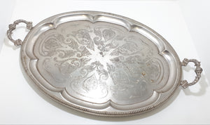 Very Large Oval Shaped Silver Plated Serving Tray With Ornate Handles