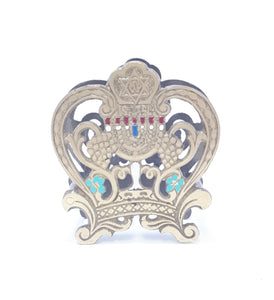Vintage Brass & Enamelled Israel Serviette Stand / Letter Holder – Pierced Grape & Scroll
