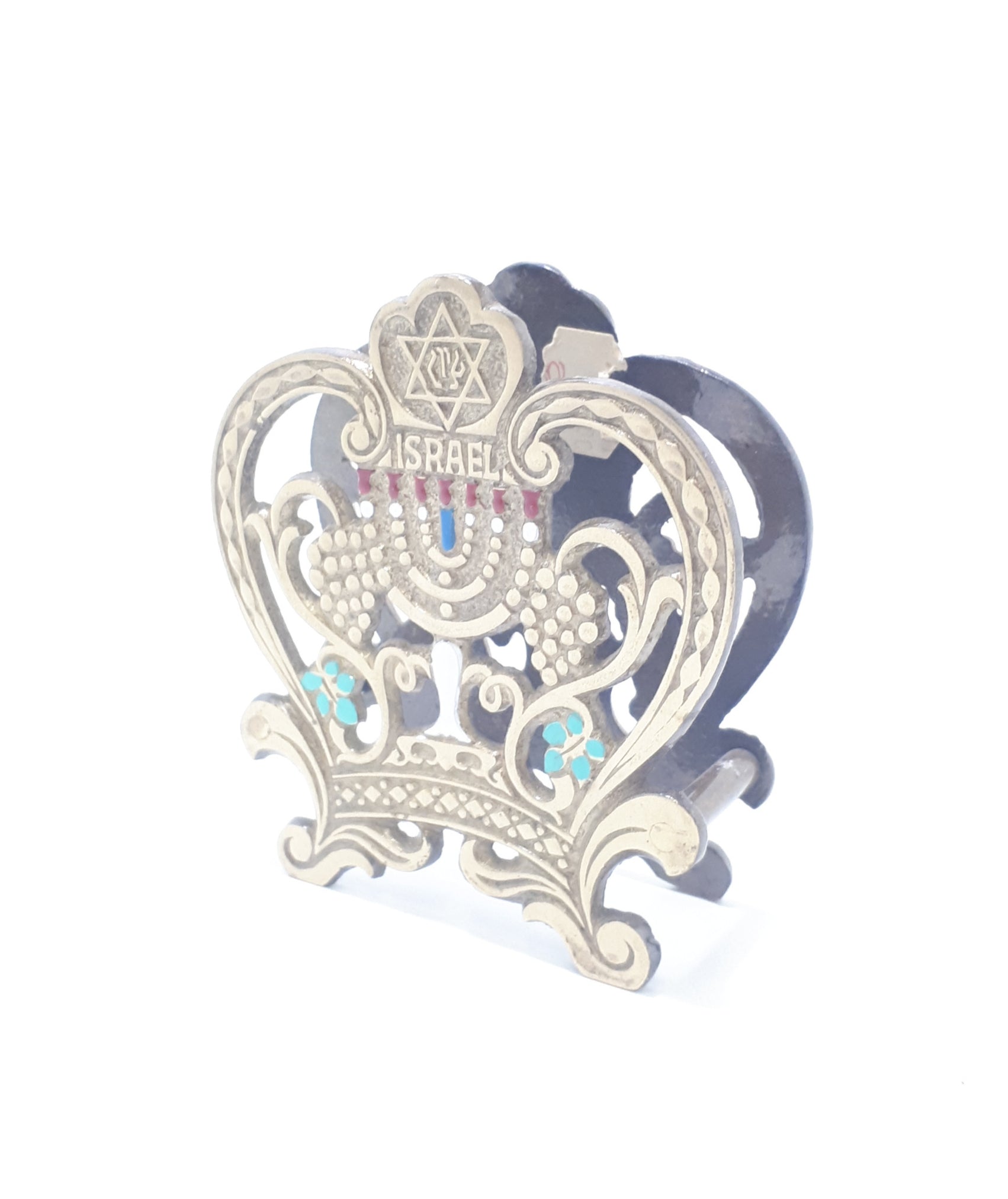 Vintage Brass & Enamelled Israel Serviette Stand / Letter Holder – Pierced Grape & Scroll