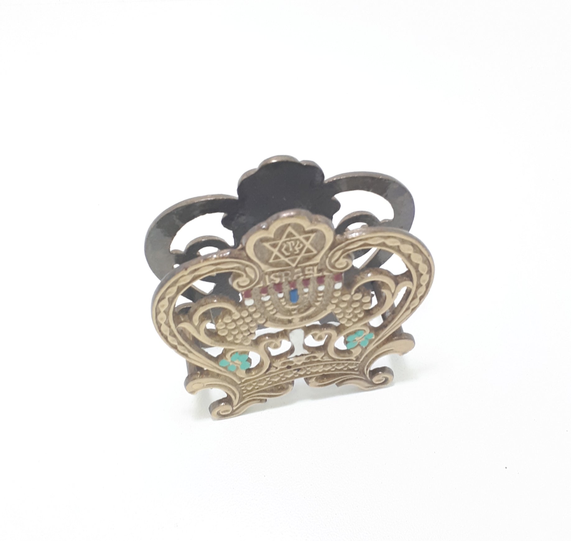 Vintage Brass & Enamelled Israel Serviette Stand / Letter Holder – Pierced Grape & Scroll