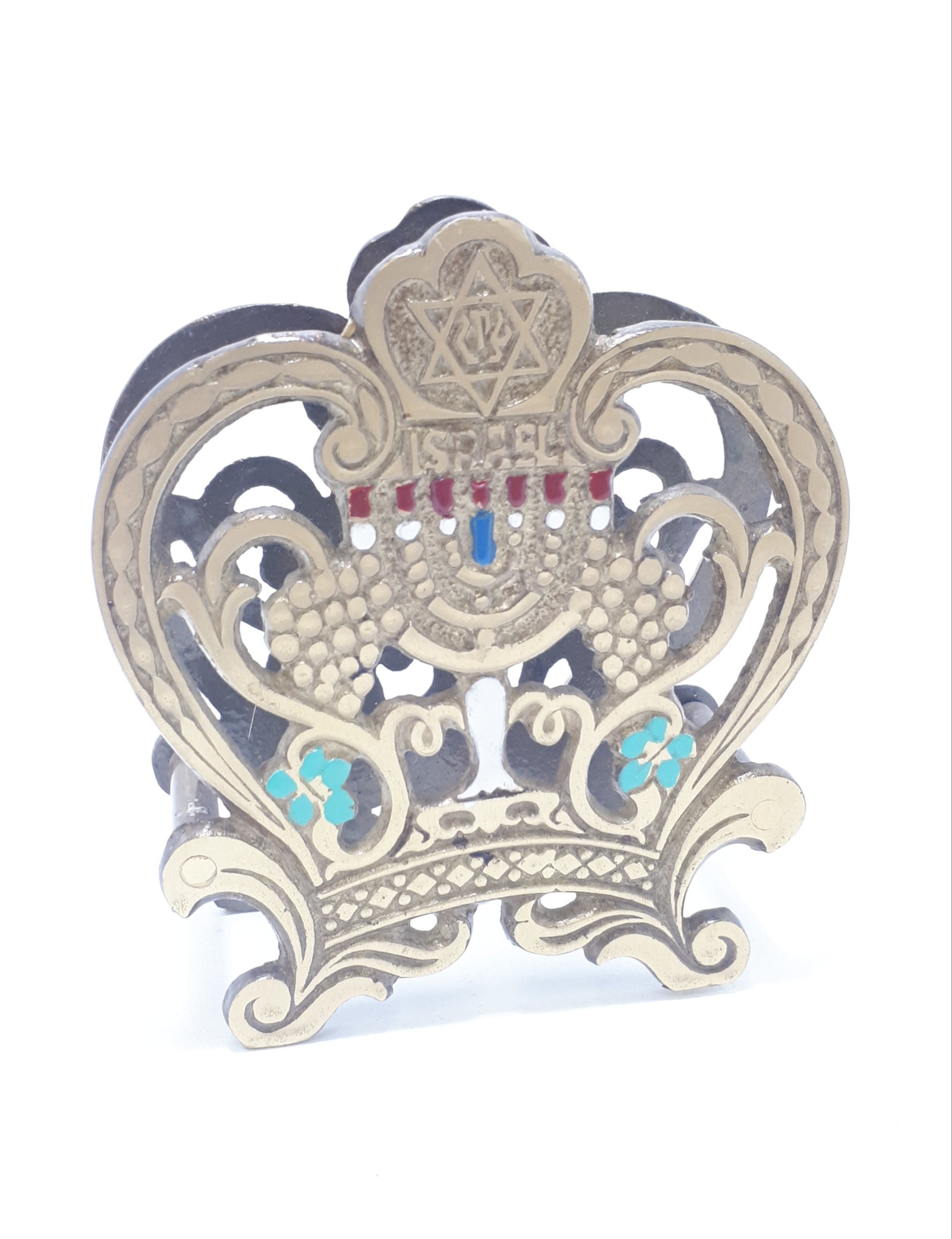 Vintage Brass & Enamelled Israel Serviette Stand / Letter Holder – Pierced Grape & Scroll
