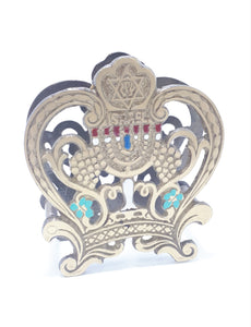 Vintage Brass & Enamelled Israel Serviette Stand / Letter Holder – Pierced Grape & Scroll
