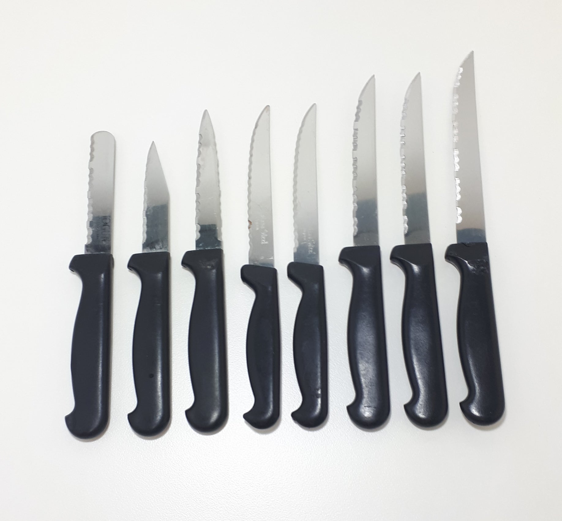 Vintage Set Of 8 Different Japanese Stainless Steel Kitchen Knives With Black Handles