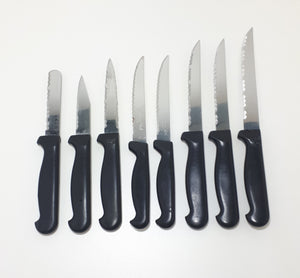 Vintage Set Of 8 Different Japanese Stainless Steel Kitchen Knives With Black Handles