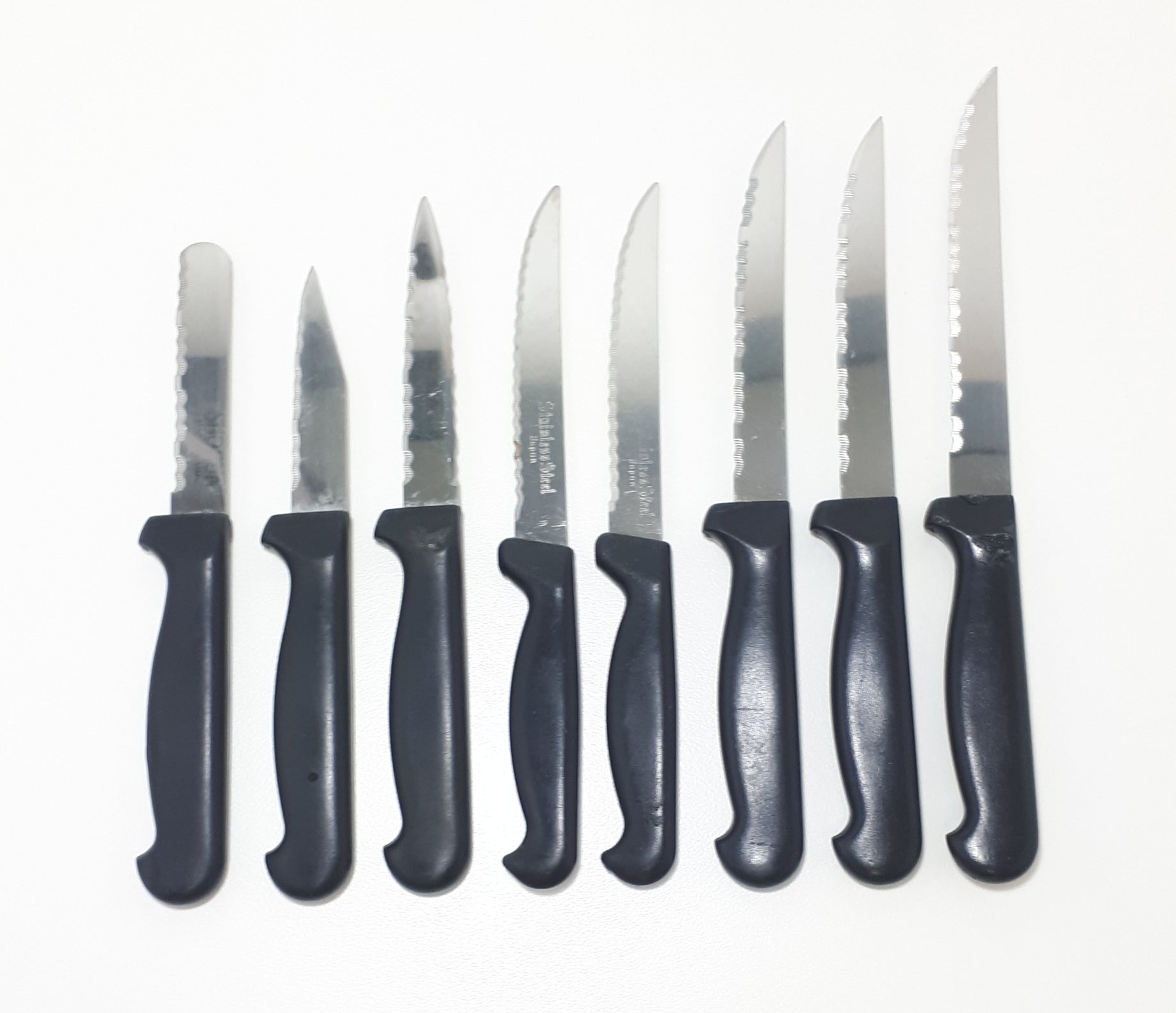 Vintage Set Of 8 Different Japanese Stainless Steel Kitchen Knives With Black Handles