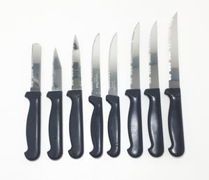Vintage Set Of 8 Different Japanese Stainless Steel Kitchen Knives With Black Handles