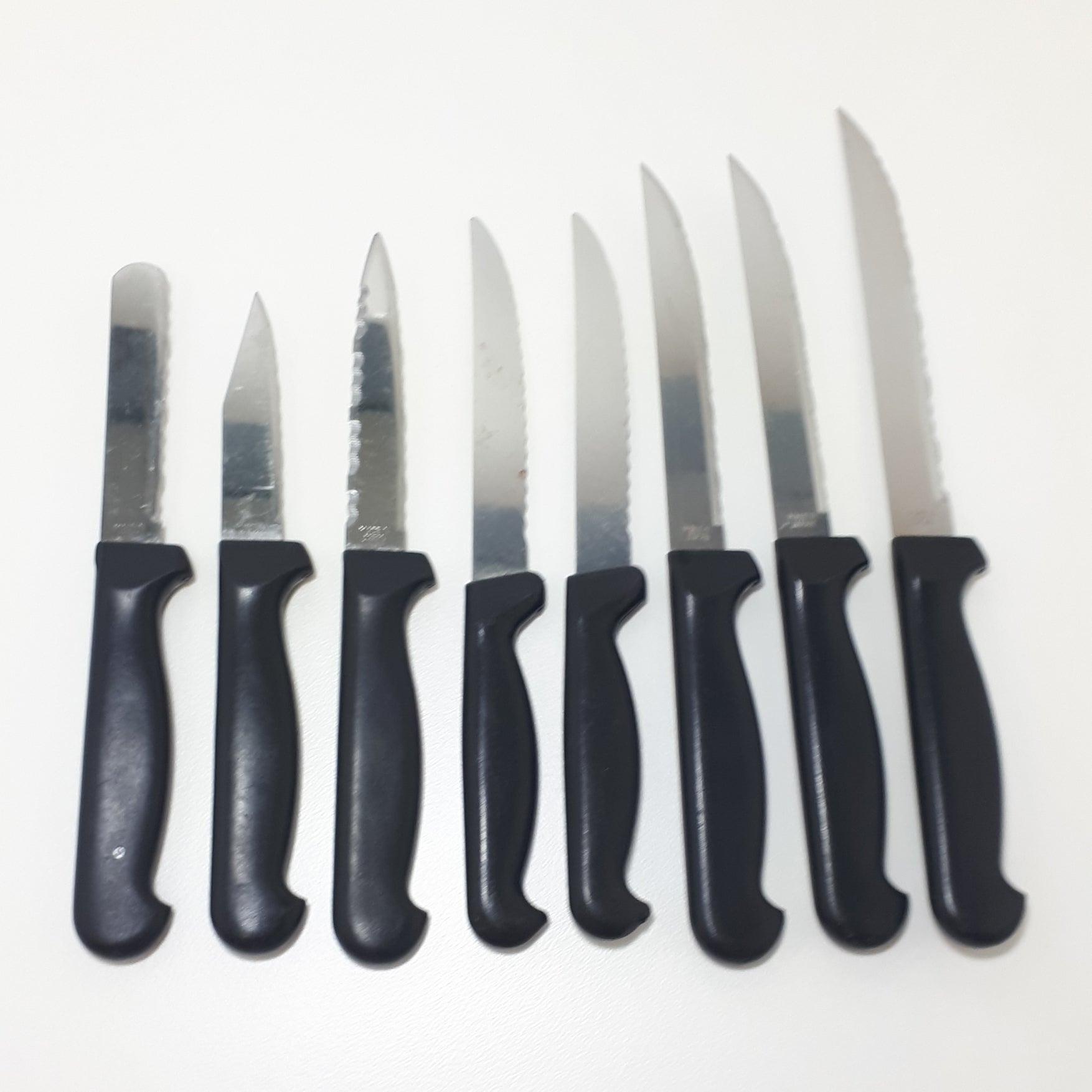 Vintage Set Of 8 Different Japanese Stainless Steel Kitchen Knives With Black Handles