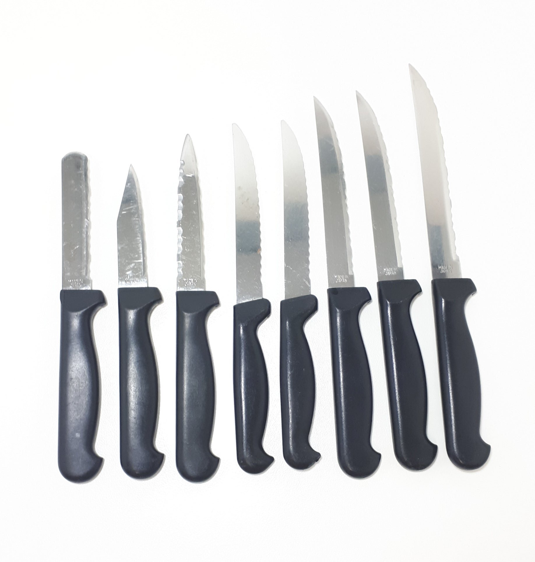 Vintage Set Of 8 Different Japanese Stainless Steel Kitchen Knives With Black Handles
