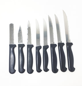 Vintage Set Of 8 Different Japanese Stainless Steel Kitchen Knives With Black Handles