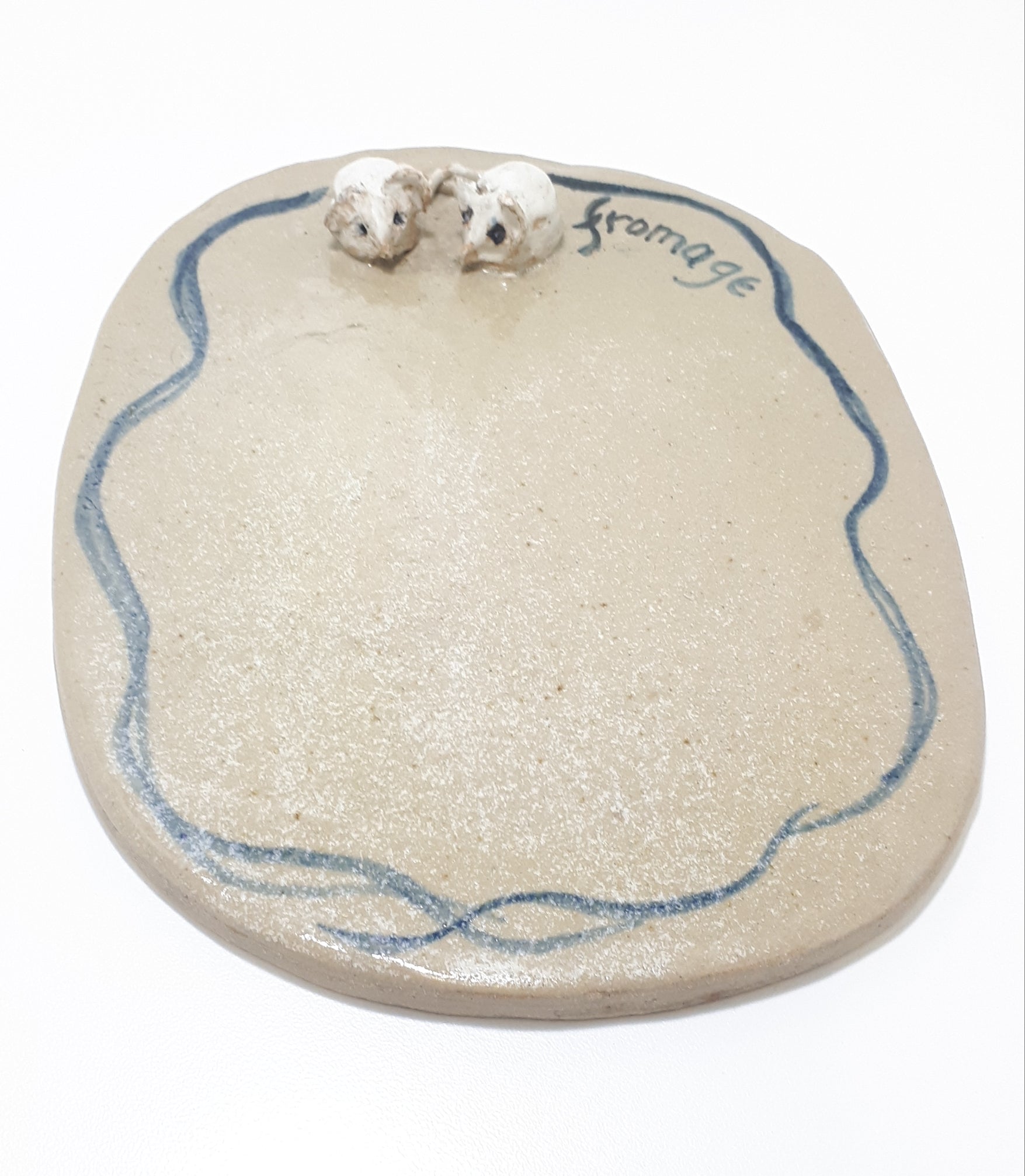 Vintage Ceramic Pottery Cheese Board With Mice Figurines - Fromage