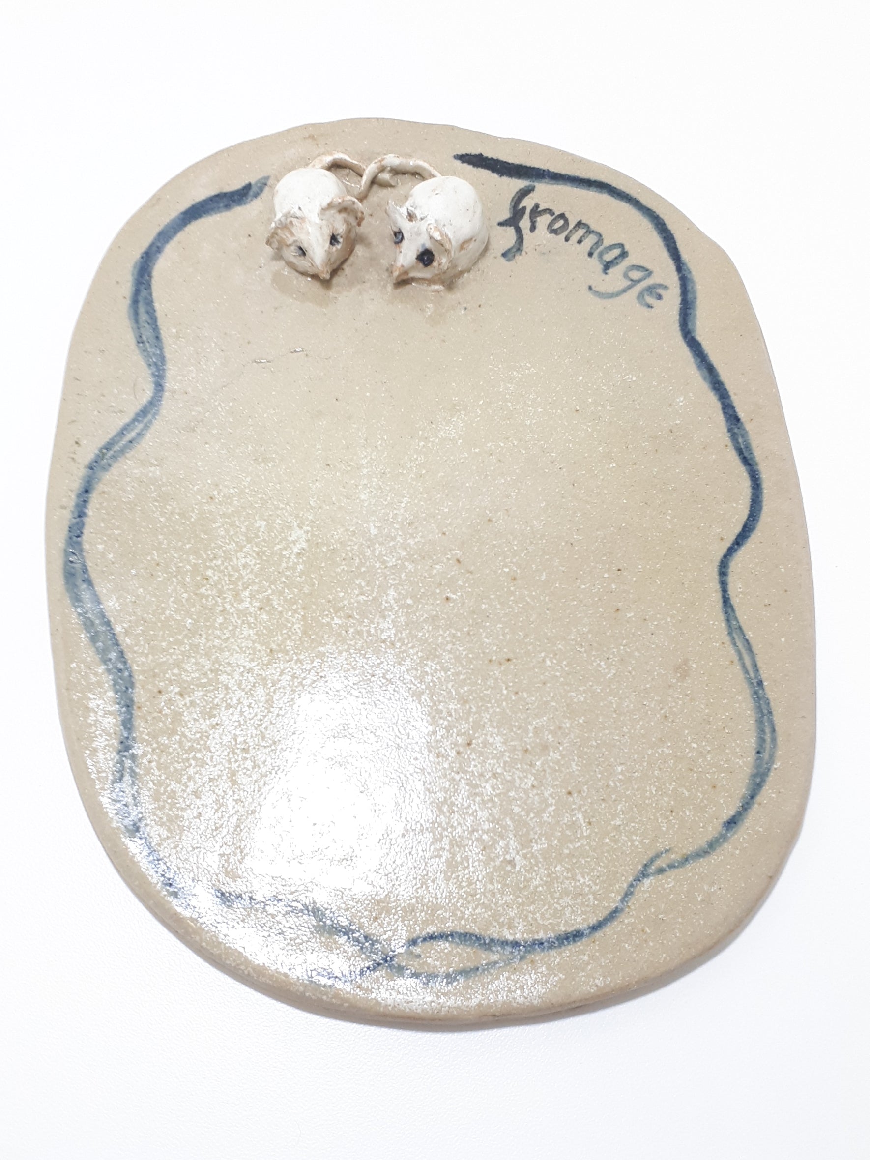Vintage Ceramic Pottery Cheese Board With Mice Figurines - Fromage