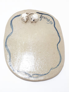 Vintage Ceramic Pottery Cheese Board With Mice Figurines - Fromage