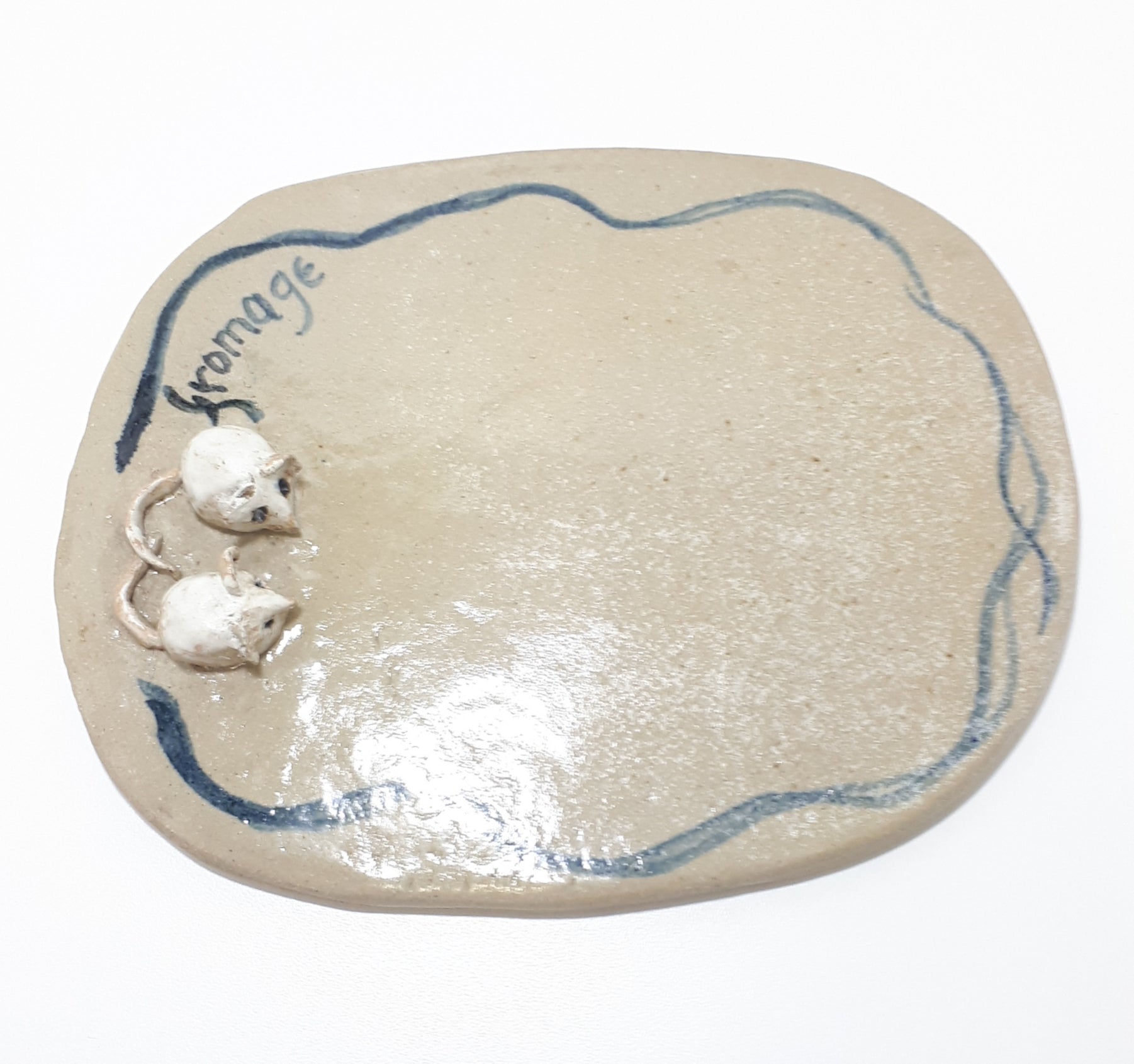 Vintage Ceramic Pottery Cheese Board With Mice Figurines - Fromage