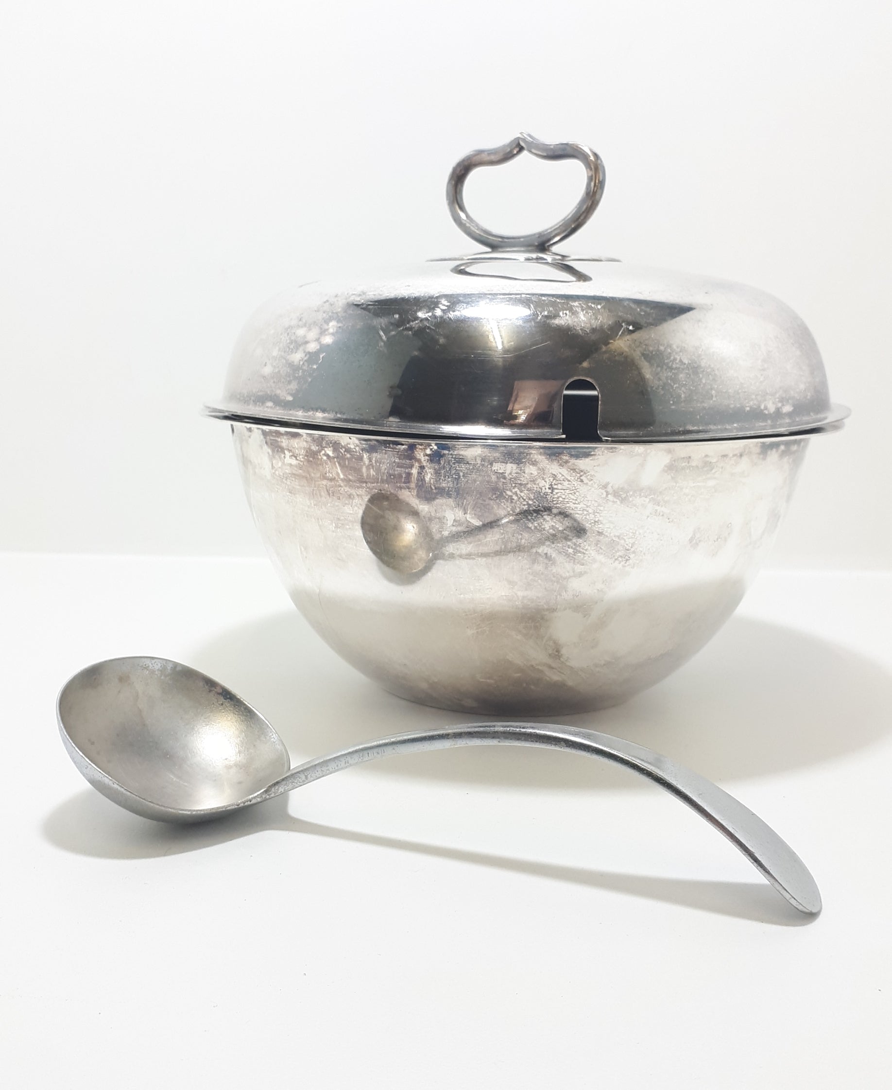 Early 1900’s Antique Silver Plated Soup Tureen With Vintage Potter Chromium Plated Soup Ladle