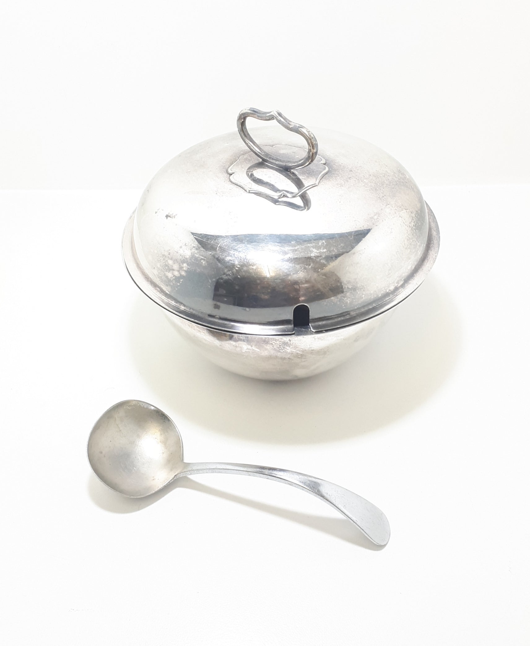 Early 1900’s Antique Silver Plated Soup Tureen With Vintage Potter Chromium Plated Soup Ladle