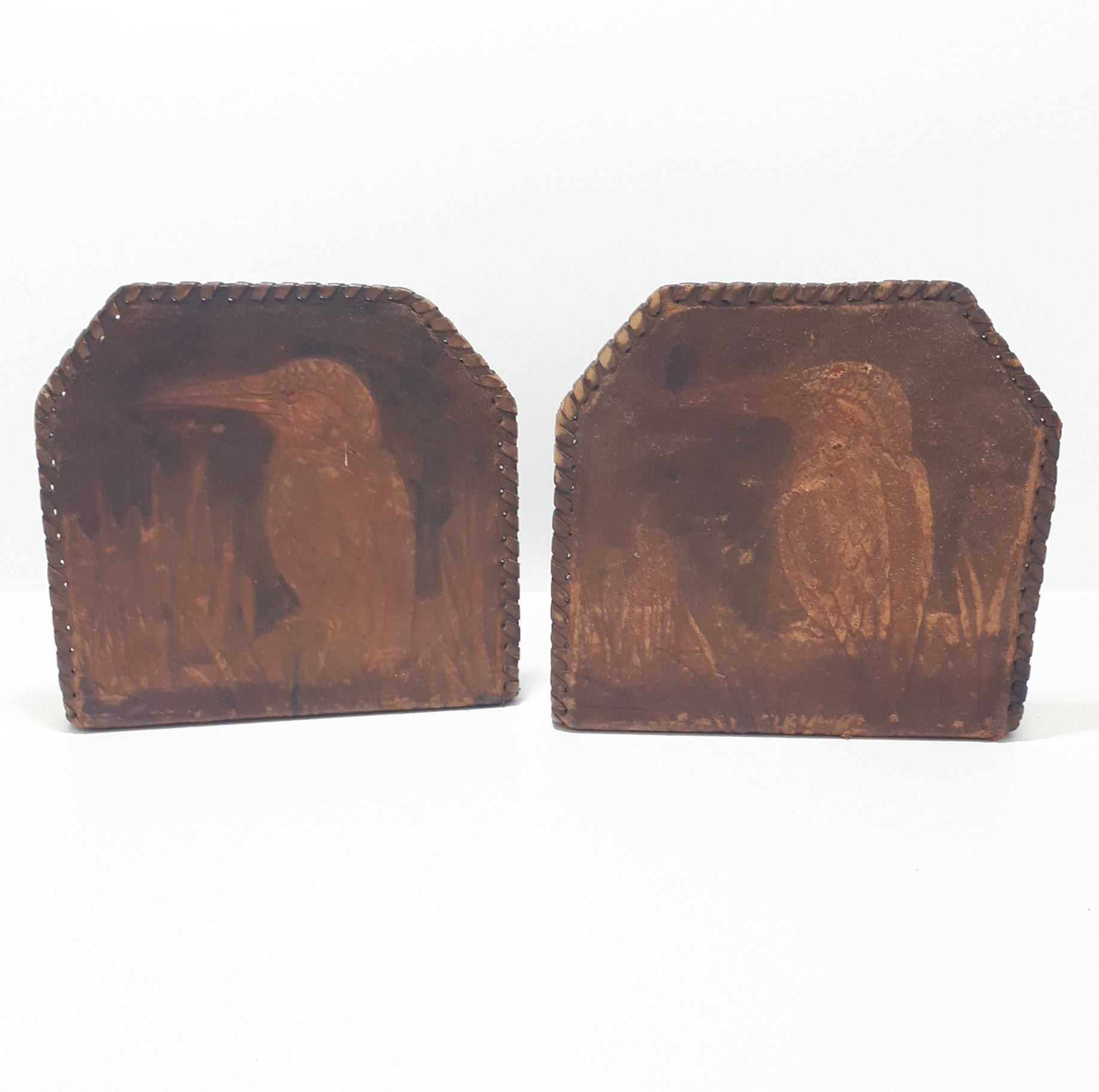 Vintage Set Of Two Kingfisher Etched Genuine Leather Bookends