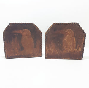 Vintage Set Of Two Kingfisher Etched Genuine Leather Bookends