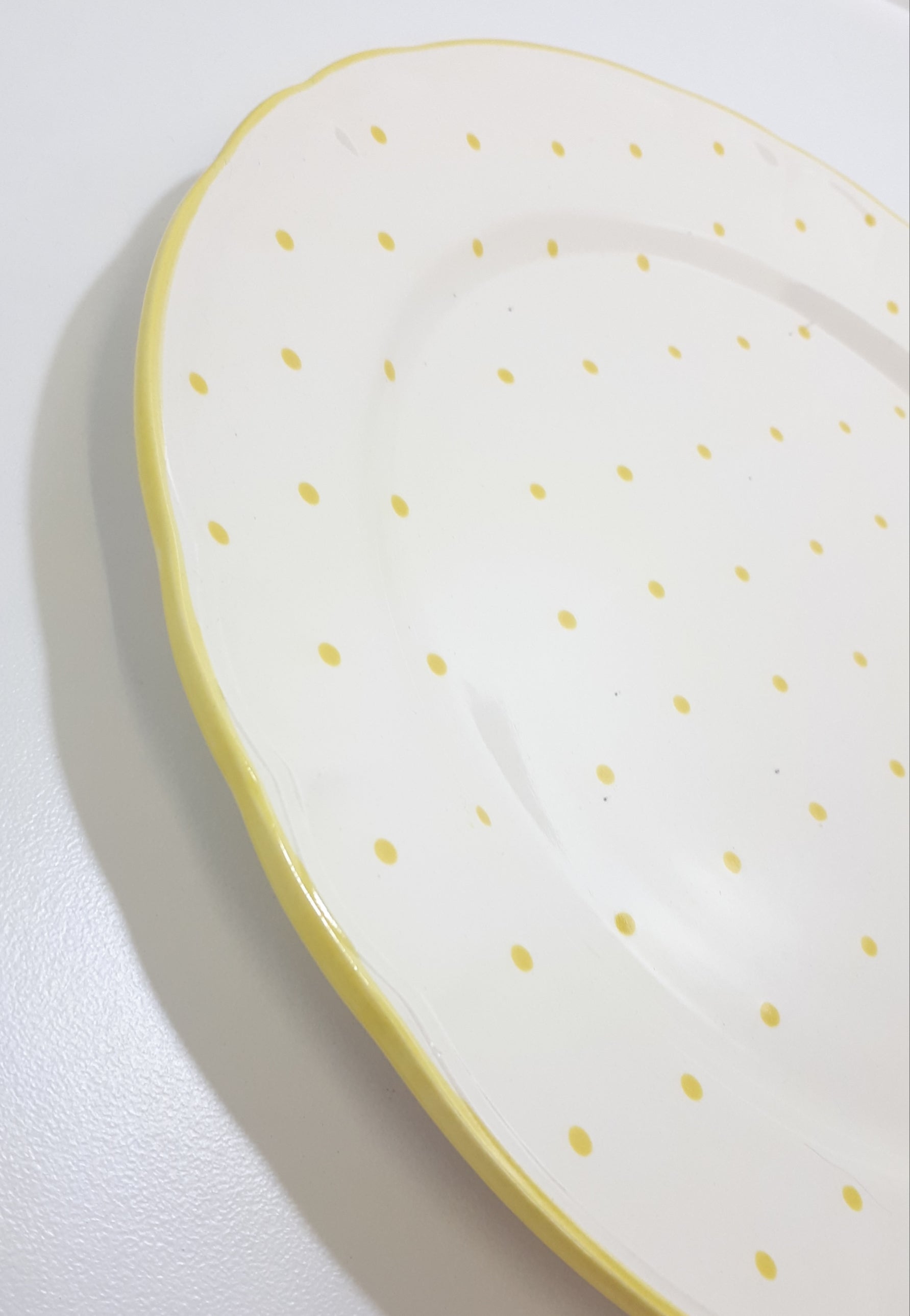 Large Vintage French Art Pottery Faience Cake Plate – Yellow Polka Dot On White