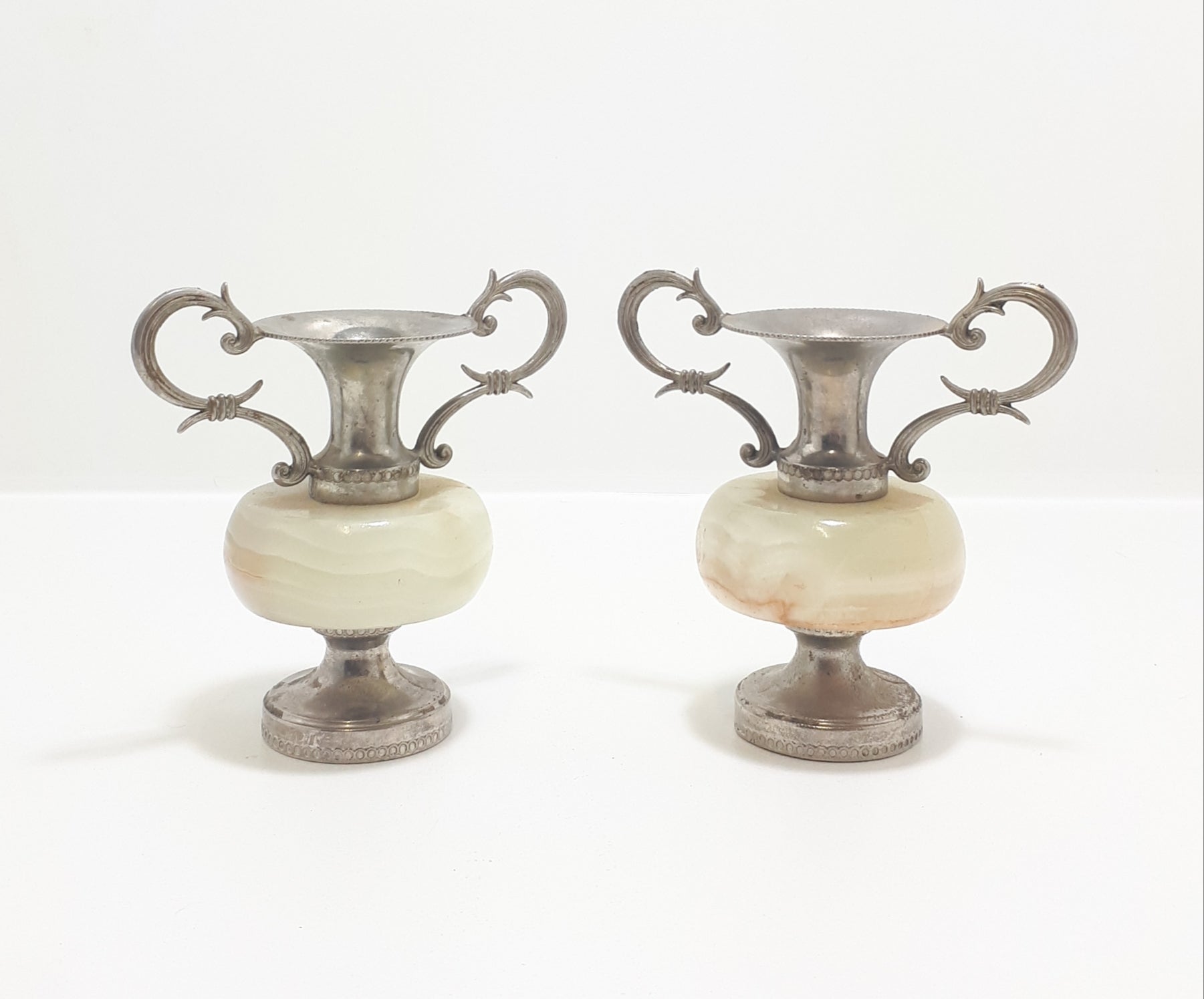 Pair Of Small Antique Marble & Silver Plated Bud Vases