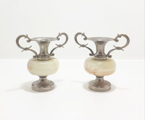 Pair Of Small Antique Marble & Silver Plated Bud Vases