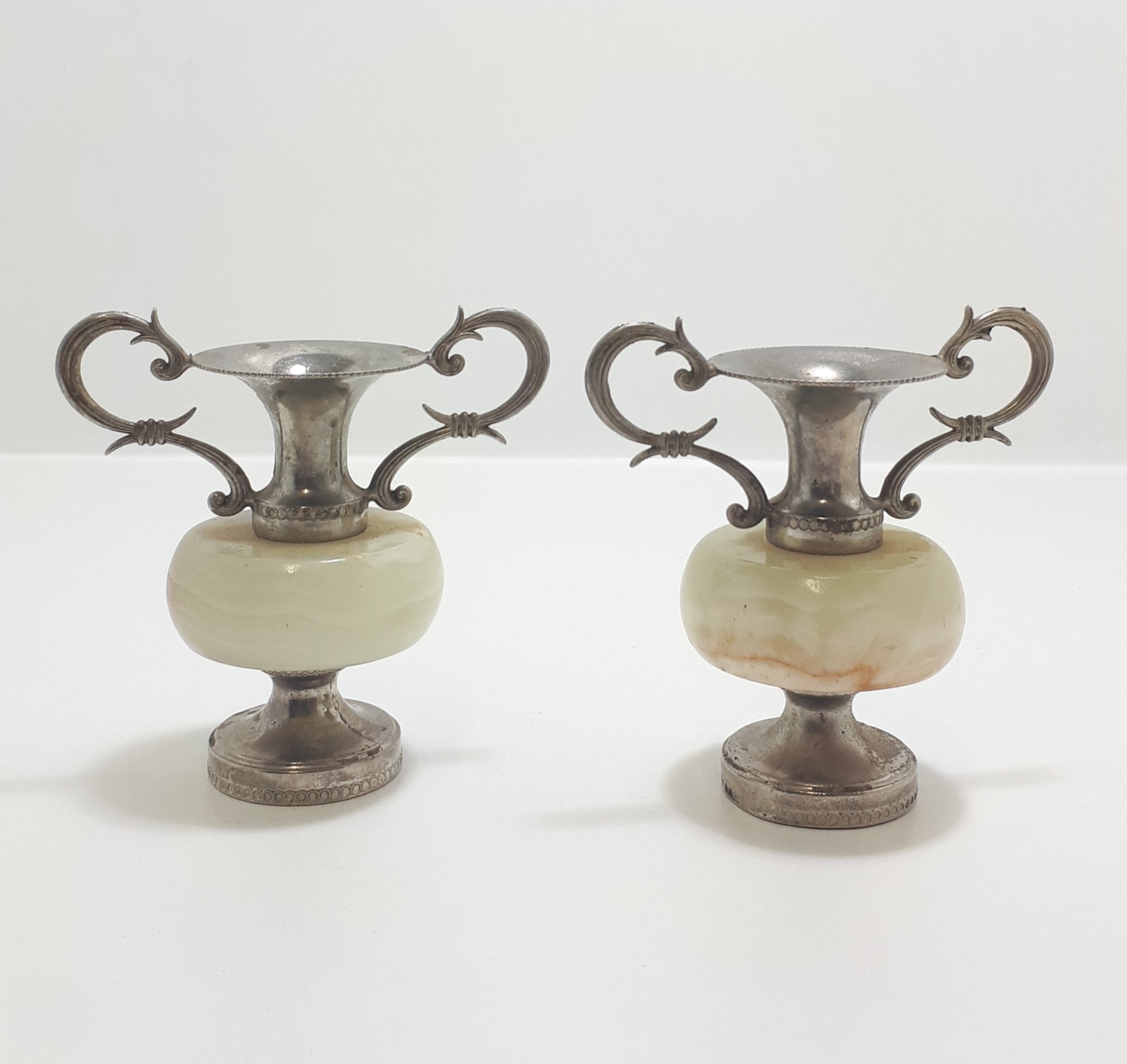 Pair Of Small Antique Marble & Silver Plated Bud Vases