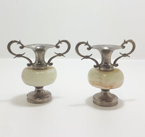 Pair Of Small Antique Marble & Silver Plated Bud Vases