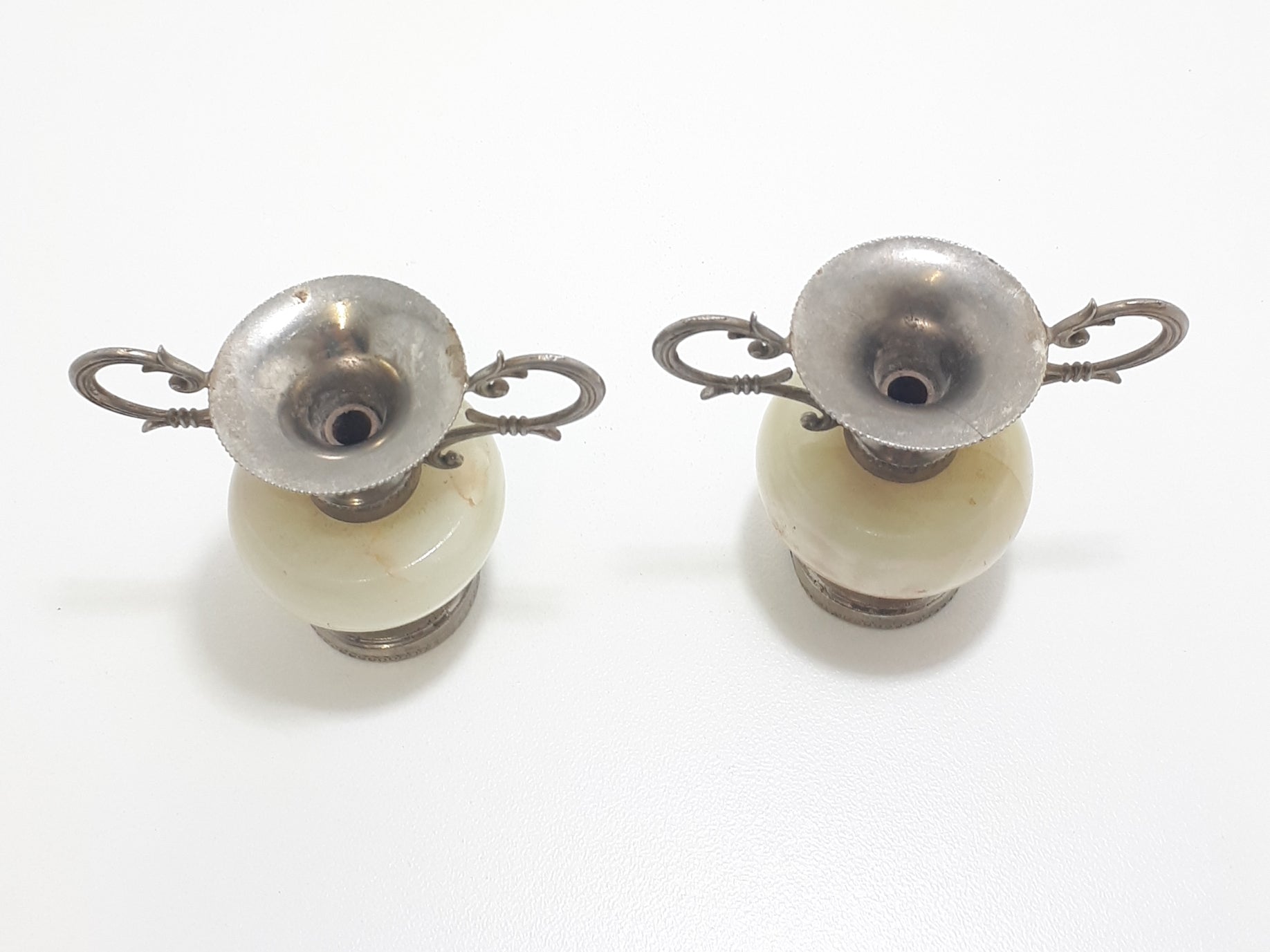 Pair Of Small Antique Marble & Silver Plated Bud Vases