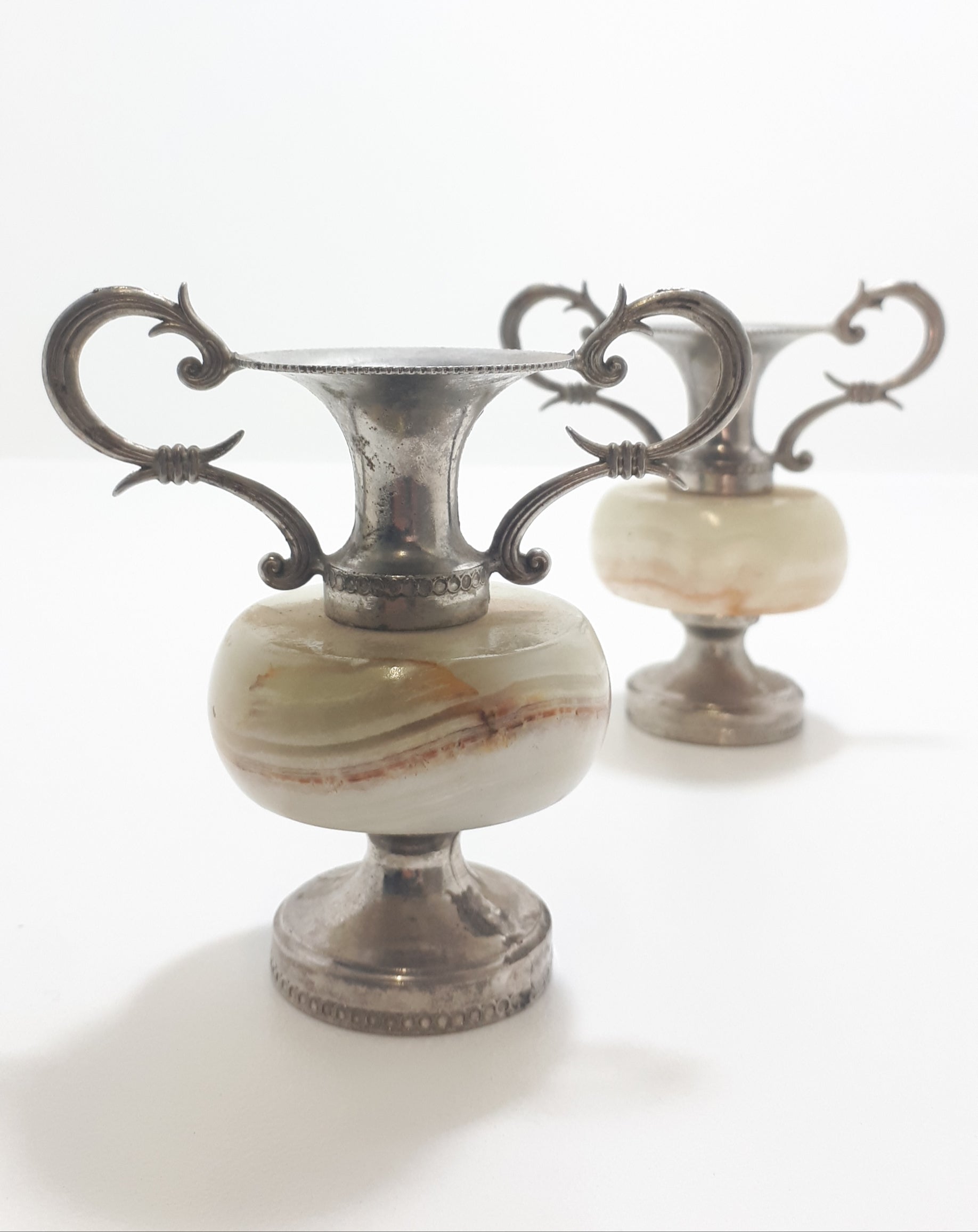 Pair Of Small Antique Marble & Silver Plated Bud Vases