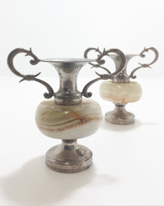 Pair Of Small Antique Marble & Silver Plated Bud Vases