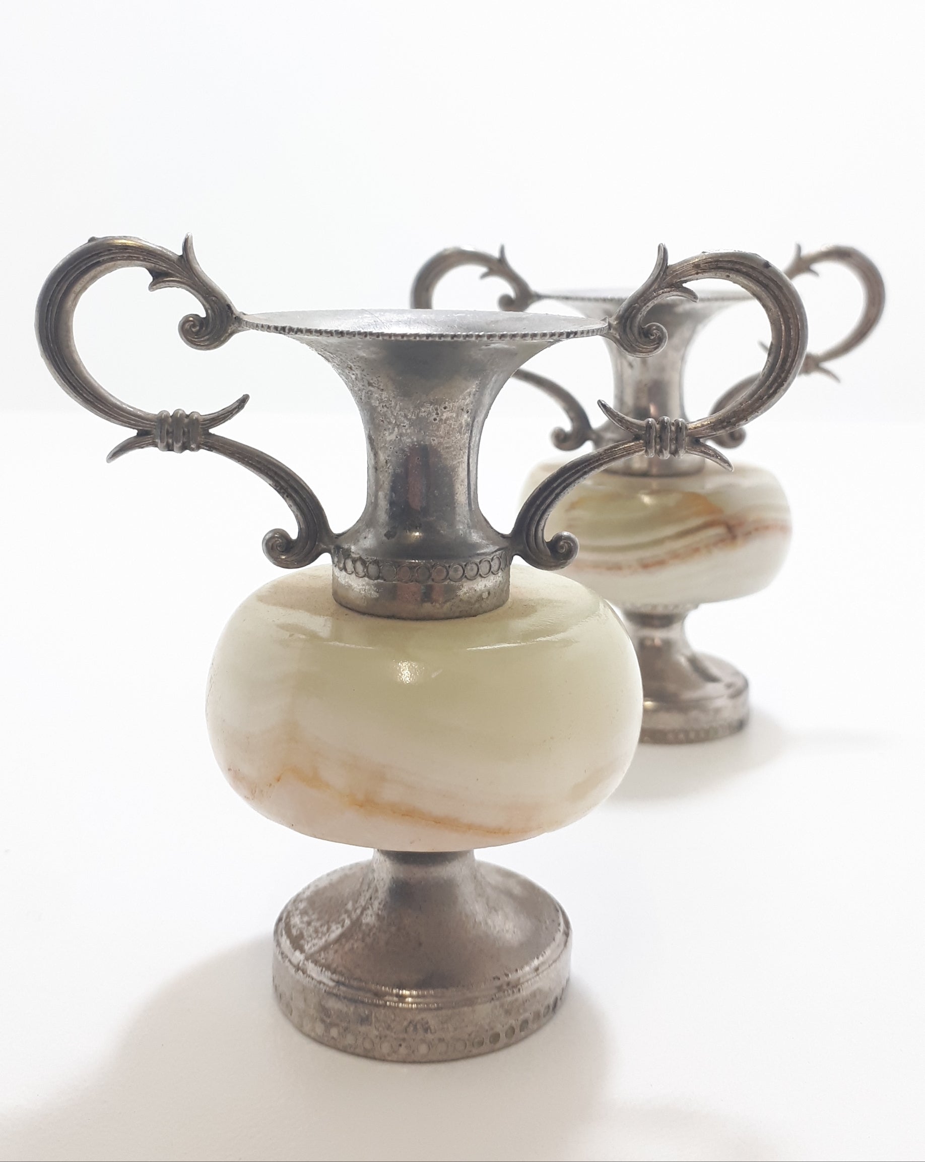 Pair Of Small Antique Marble & Silver Plated Bud Vases