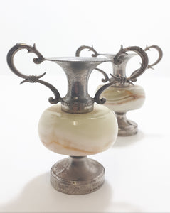 Pair Of Small Antique Marble & Silver Plated Bud Vases