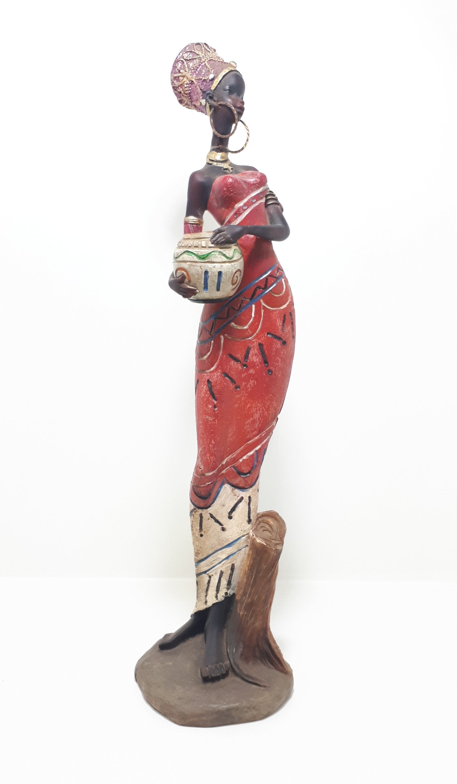 Decorative Tall African Lady Resin Figurine In Traditional Clothing