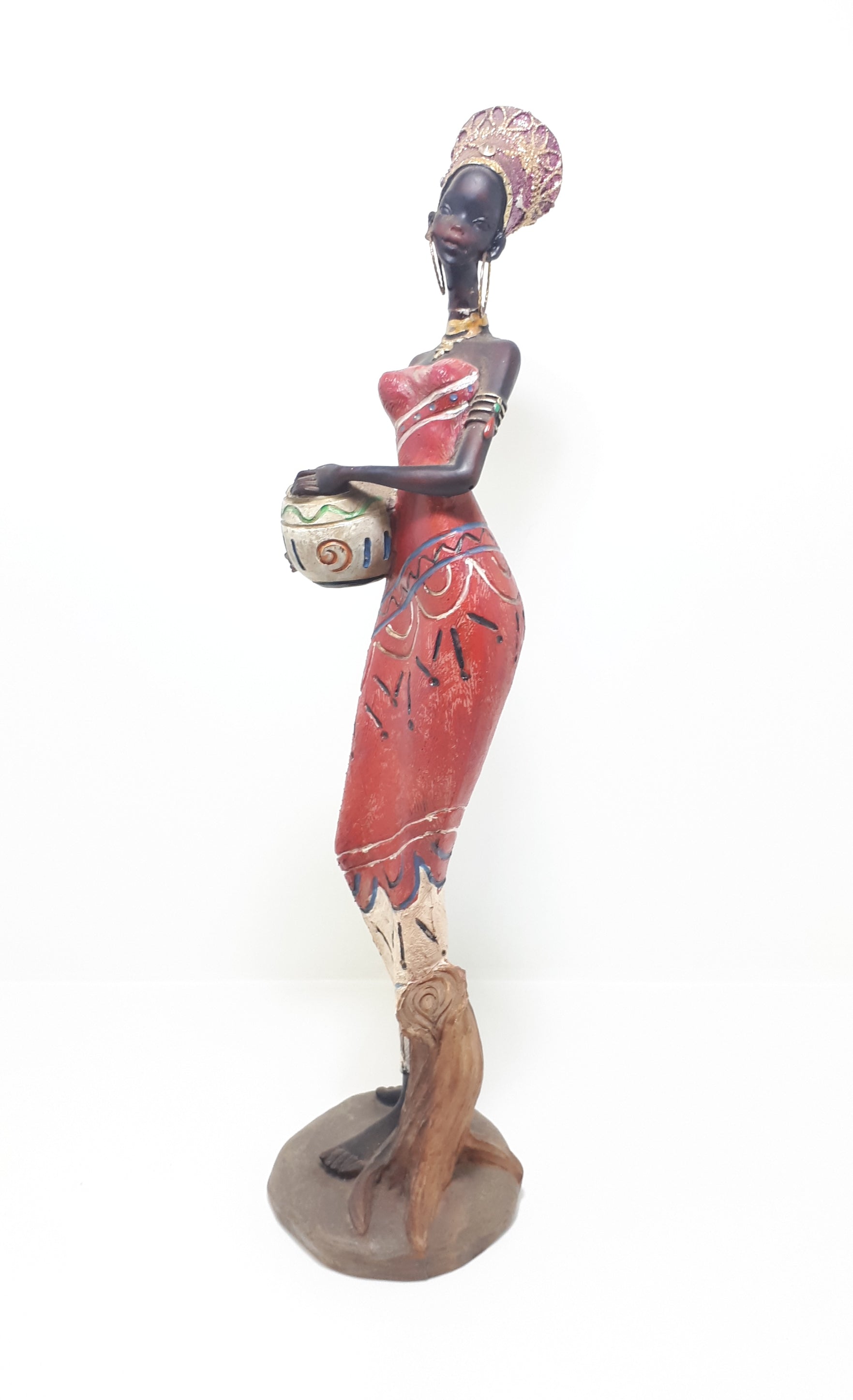 Decorative Tall African Lady Resin Figurine In Traditional Clothing