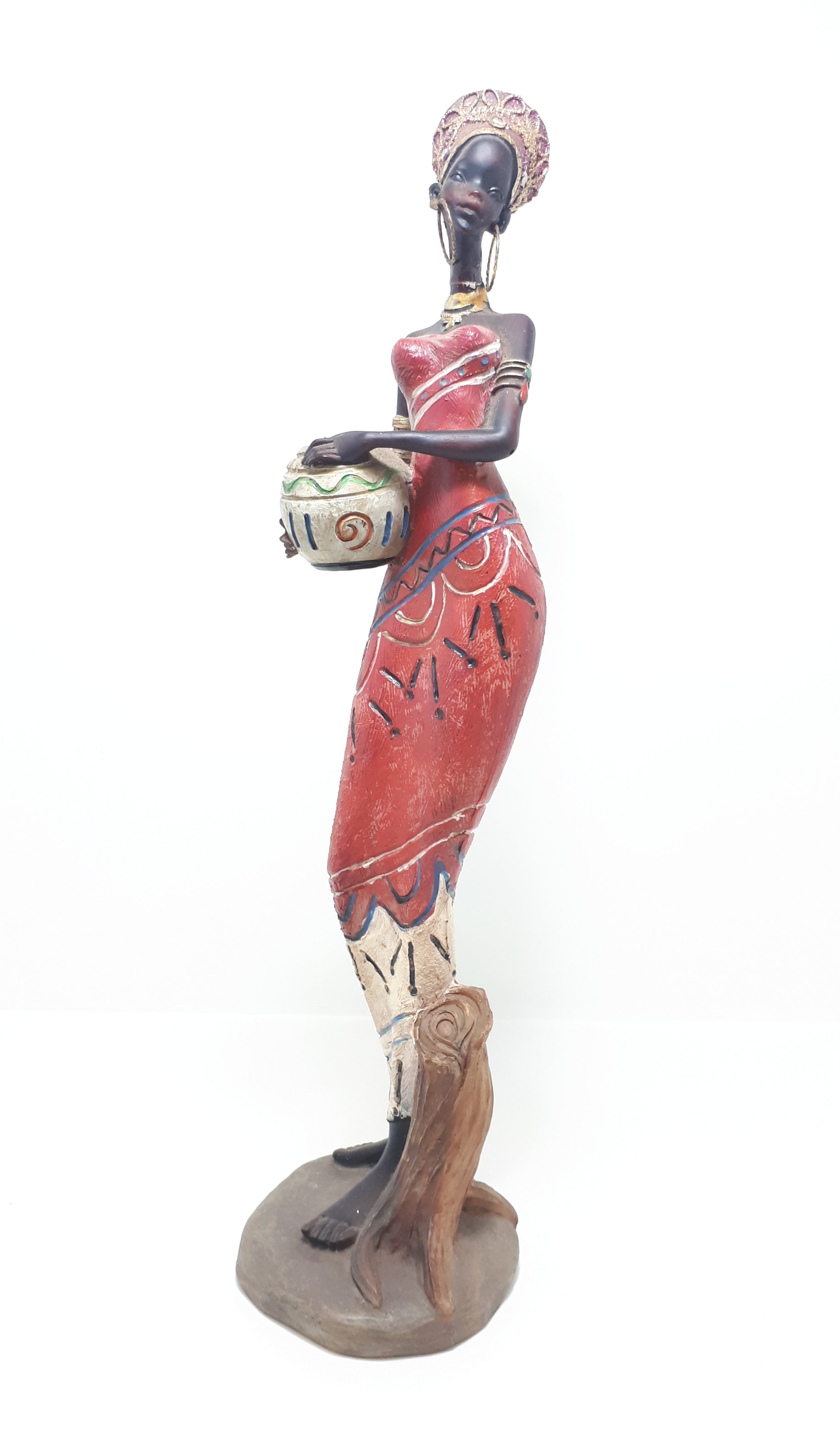 Decorative Tall African Lady Resin Figurine In Traditional Clothing