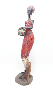 Decorative Tall African Lady Resin Figurine In Traditional Clothing