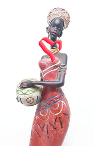 Decorative Tall African Lady Resin Figurine In Traditional Clothing