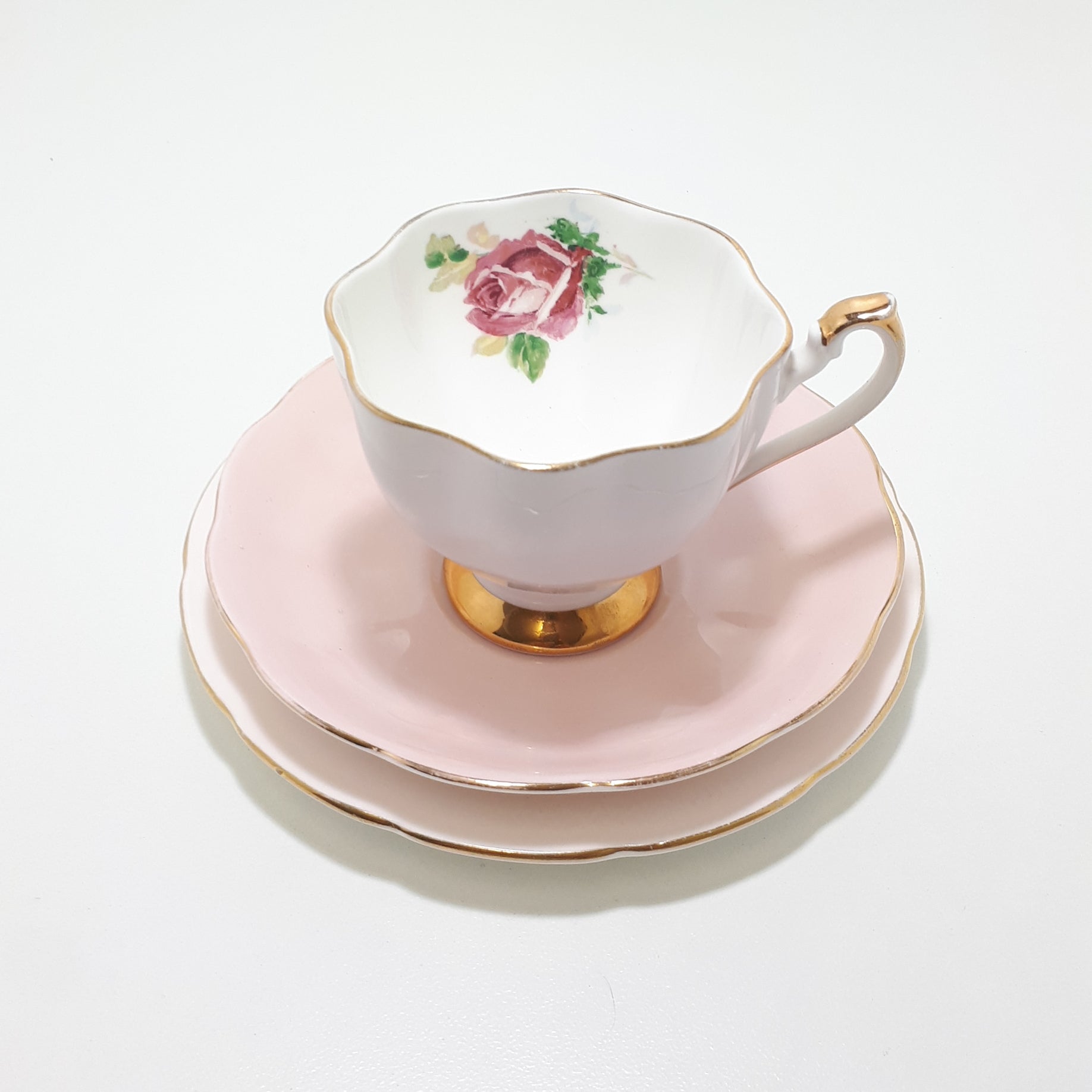Soft Pastel Pink Assembled Tea Trio With Rose, Flowers & Gold Trim
