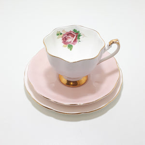 Soft Pastel Pink Assembled Tea Trio With Rose, Flowers & Gold Trim