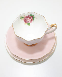 Soft Pastel Pink Assembled Tea Trio With Rose, Flowers & Gold Trim