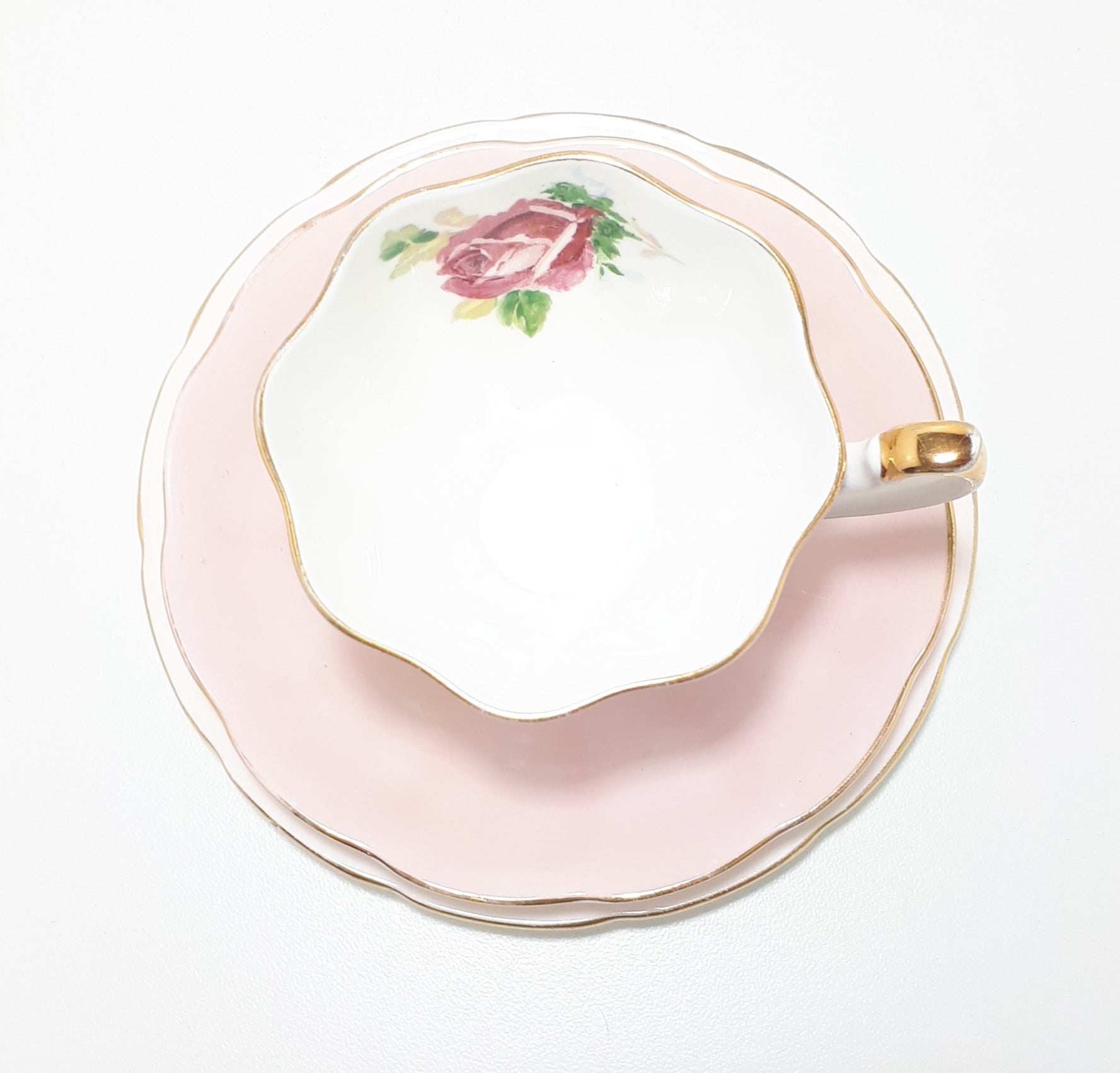 Soft Pastel Pink Assembled Tea Trio With Rose, Flowers & Gold Trim