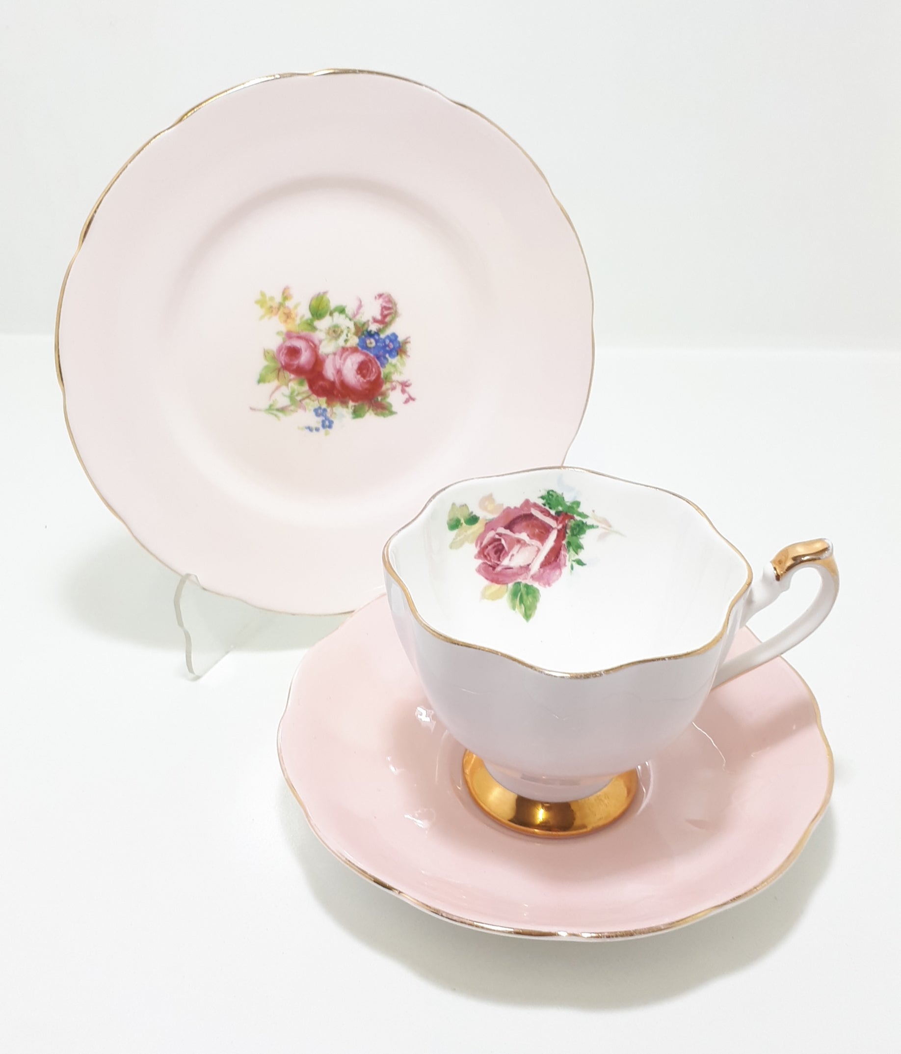 Soft Pastel Pink Assembled Tea Trio With Rose, Flowers & Gold Trim