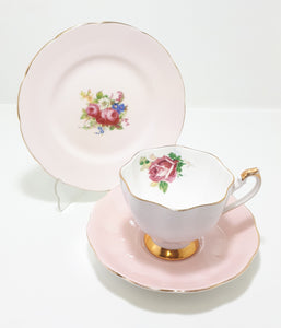 Soft Pastel Pink Assembled Tea Trio With Rose, Flowers & Gold Trim